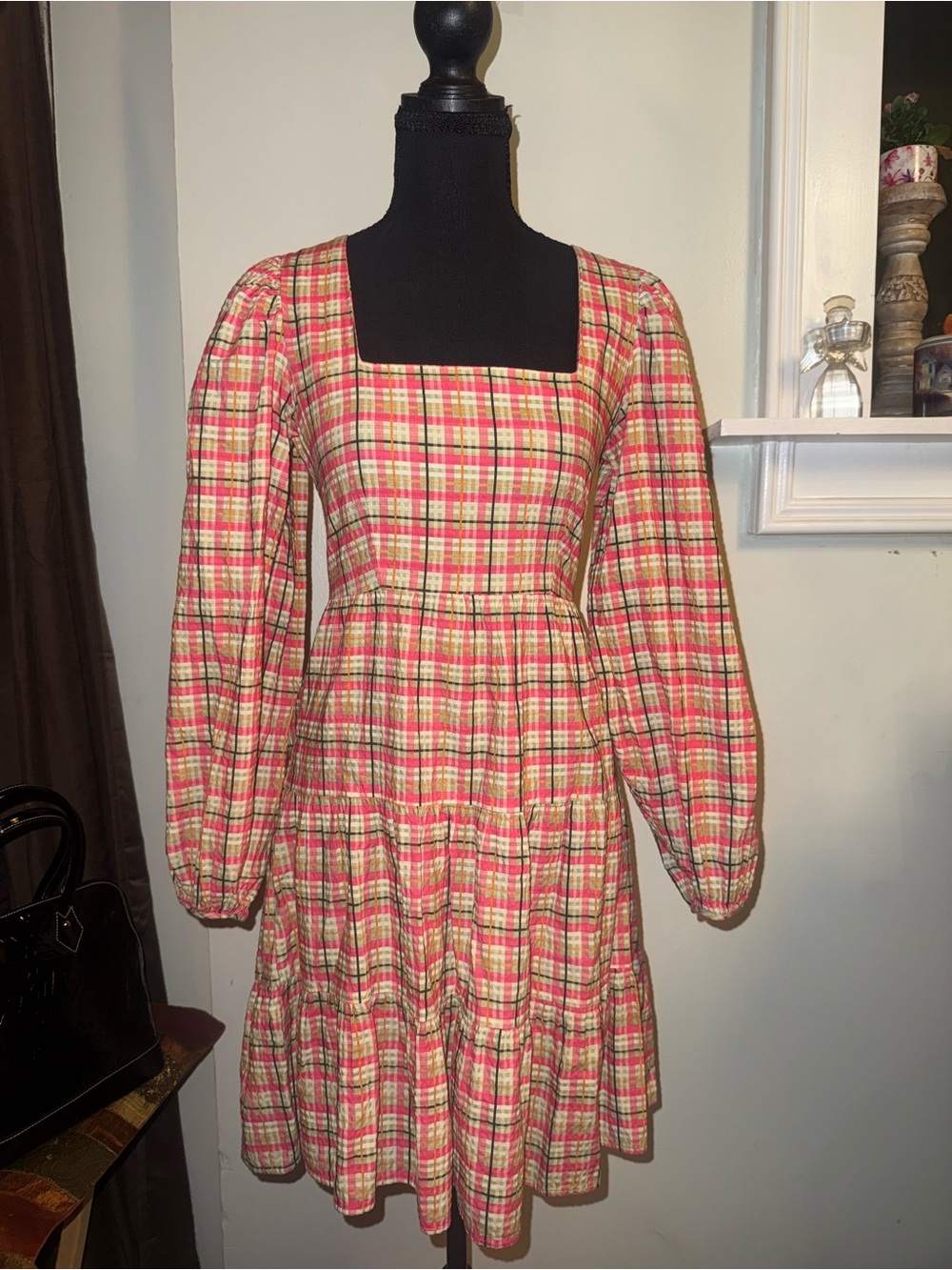 Topshop Pink Plaid Square-Neck Tiered Mini Dress with Puff Sleeves